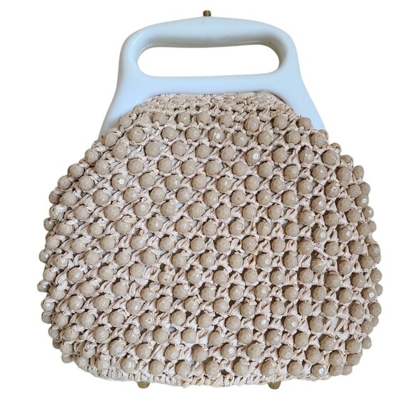 vintage 1960s crocheted white beaded purse vintage mod raffia handbag - Picture 1 of 8